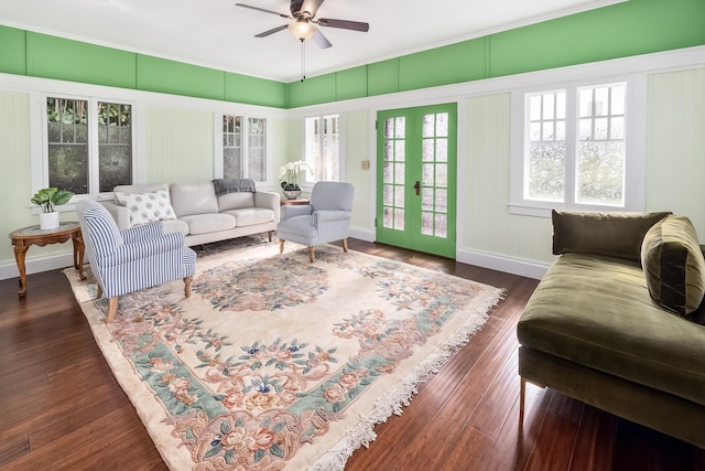 living room featuring french doors, dark hardwood / wood-style floors, and ceiling fan