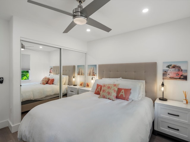 3950 Kalai Waa St Unit C202, Kihei, HI 96753 - bedroom featuring dark wood-style floors, recessed lighting, a closet, and a ceiling fan