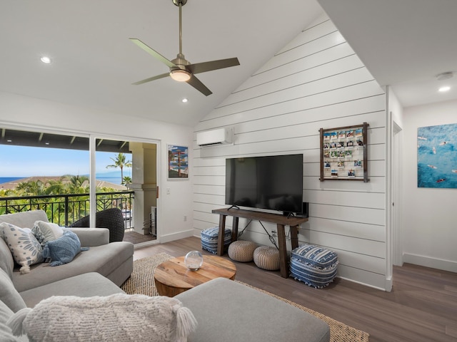 3950 Kalai Waa St Unit C202, Kihei, HI 96753 - living room featuring an AC wall unit, ceiling fan, wood finished floors, recessed lighting, and wood walls