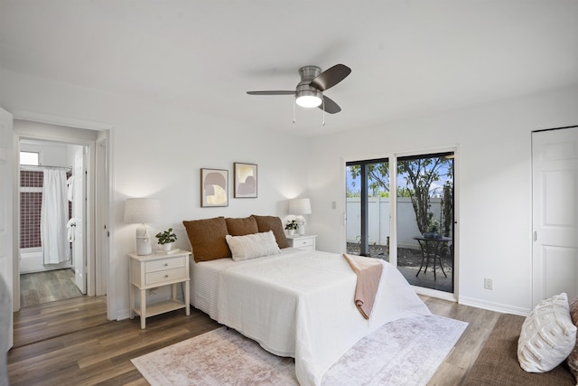 bedroom featuring wood finished floors, a ceiling fan, baseboards, and access to outside