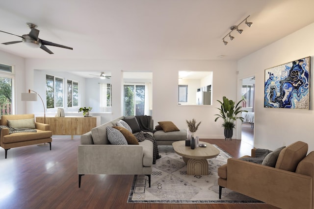 living room featuring track lighting, dark hardwood / wood-style floors, and ceiling fan