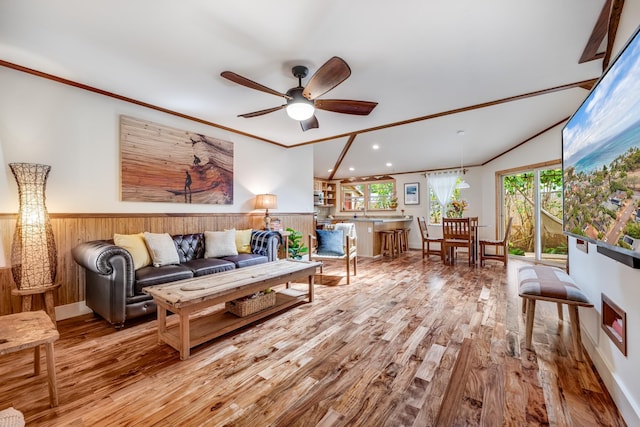 19 Hoku Pl, Paia, HI 96779 - living room featuring ceiling fan, wood finished floors, wainscoting, plenty of natural light, and recessed lighting