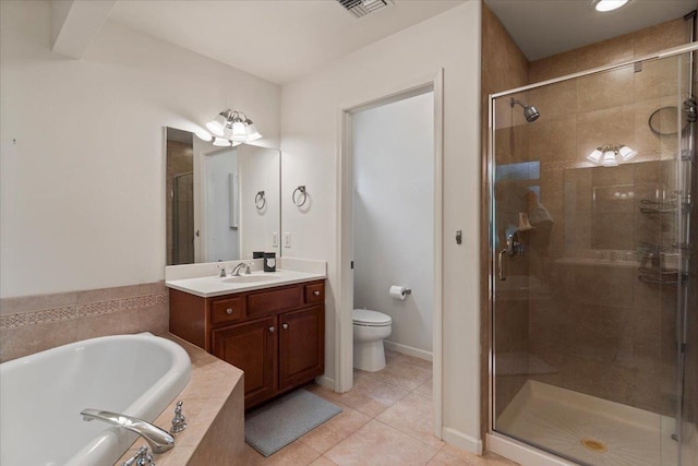 full bathroom featuring tile patterned flooring, vanity, independent shower and bath, and toilet