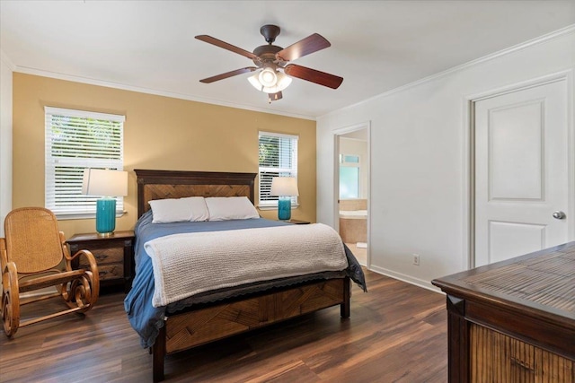 bedroom featuring ceiling fan, multiple windows, ensuite bathroom, and dark wood-type flooring