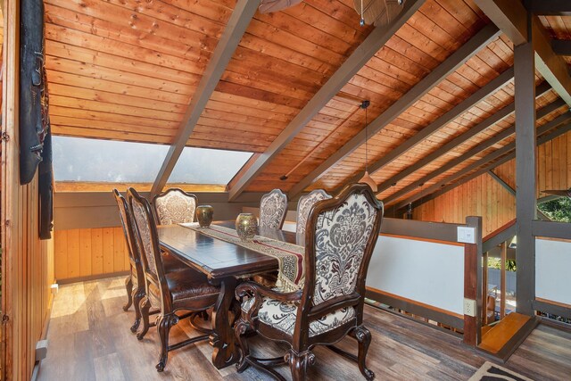 dining area with vaulted ceiling with skylight, wood walls, wood ceiling, and wood finished floors