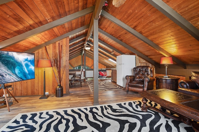 interior space featuring wooden ceiling, vaulted ceiling with beams, wood finished floors, and wood walls