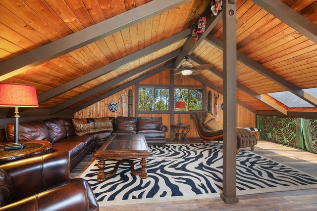 living room with lofted ceiling with skylight, wood ceiling, wood finished floors, and wood walls