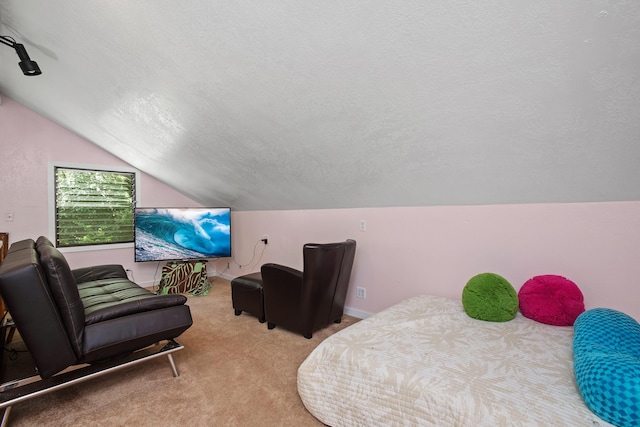 carpeted bedroom featuring vaulted ceiling, baseboards, and a textured ceiling