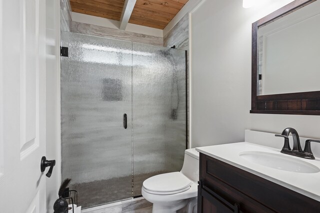 full bathroom featuring a shower stall, wooden ceiling, toilet, and vanity