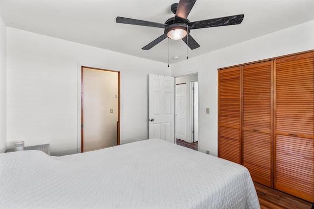 bedroom with a closet, dark hardwood / wood-style floors, and ceiling fan