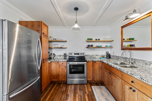 kitchen featuring appliances with stainless steel finishes, sink, light stone counters, ornamental molding, and dark hardwood / wood-style floors