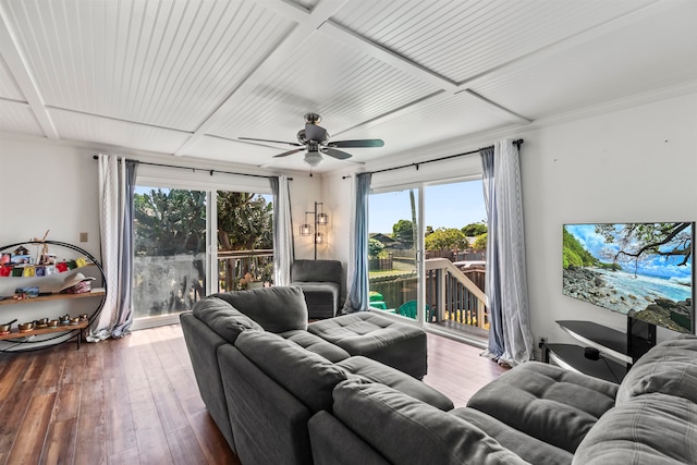 living room featuring hardwood / wood-style flooring and ceiling fan