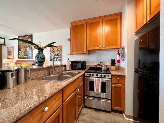 kitchen with light stone countertops, sink, light hardwood / wood-style flooring, and stainless steel range oven