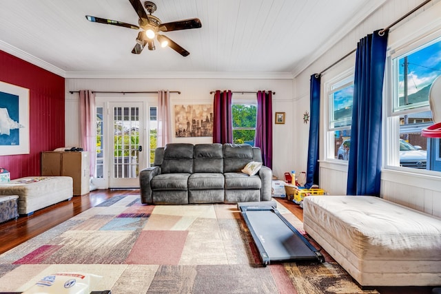 2120 Onaona St, Wailuku, HI 96793 - living room with a ceiling fan, wood finished floors, crown molding, and french doors