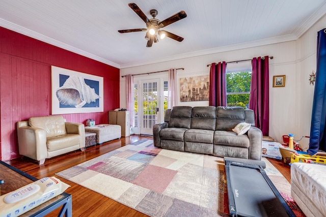 2120 Onaona St, Wailuku, HI 96793 - living room featuring a ceiling fan, healthy amount of natural light, crown molding, wood finished floors, and french doors