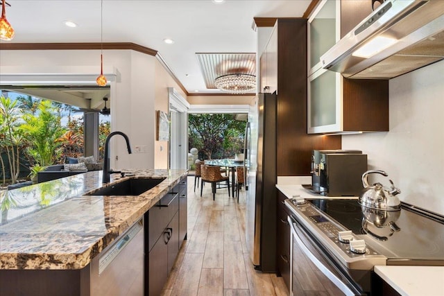 kitchen featuring light stone countertops, stainless steel appliances, sink, ventilation hood, and light wood-type flooring