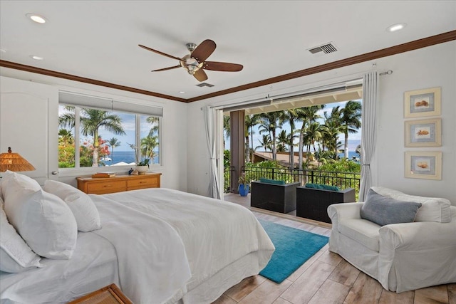 bedroom featuring access to outside, ceiling fan, a water view, and ornamental molding