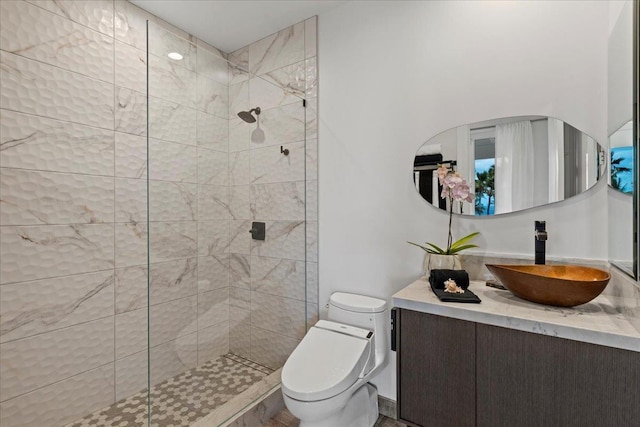 bathroom with toilet, vanity, and a tile shower