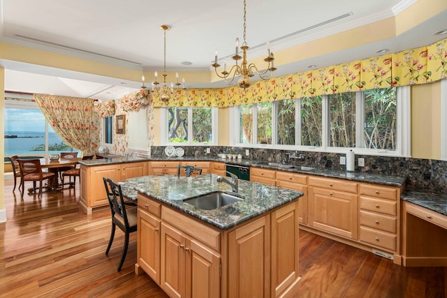 kitchen featuring a center island with sink, backsplash, sink, and dark wood-type flooring