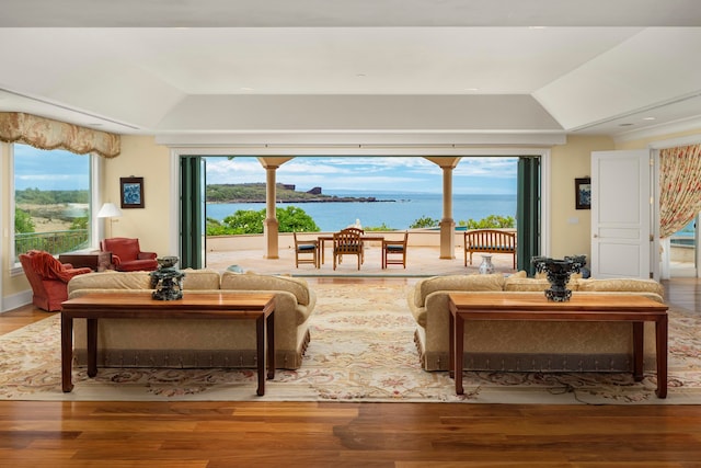 living room with a water view, a healthy amount of sunlight, and wood-type flooring