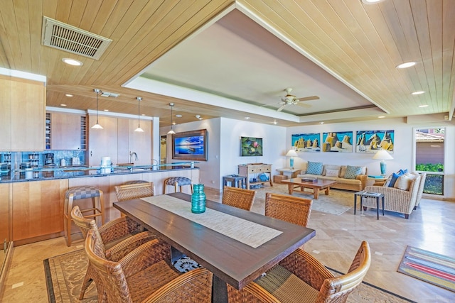 160 Pualei Dr Unit 160-4, Lahaina, HI 96761 - dining area featuring wooden ceiling, recessed lighting, a ceiling fan, and a raised ceiling