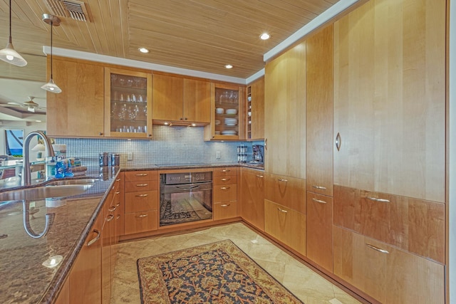 160 Pualei Dr Unit 160-4, Lahaina, HI 96761 - kitchen with black appliances, a sink, wood ceiling, brown cabinetry, and backsplash