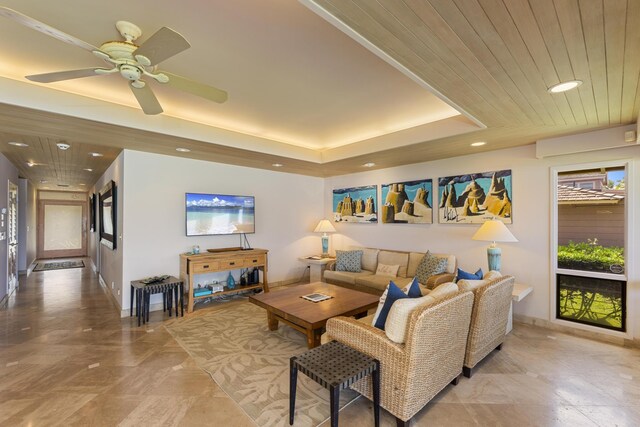 160 Pualei Dr Unit 160-4, Lahaina, HI 96761 - living room featuring recessed lighting, baseboards, ceiling fan, and a raised ceiling