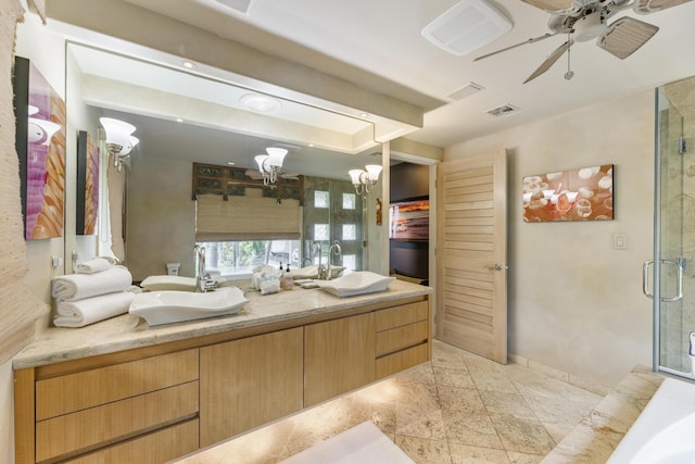 160 Pualei Dr Unit 160-4, Lahaina, HI 96761 - bathroom featuring a shower stall, double vanity, ceiling fan, baseboards, and a chandelier