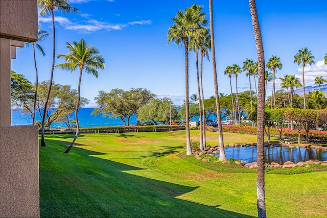 view of community featuring a yard and a water view