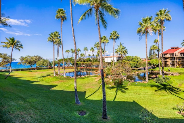 exterior space featuring a yard and a water view