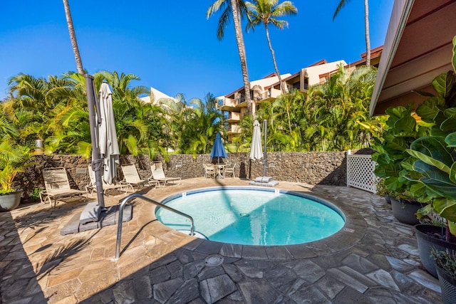 view of swimming pool with a patio