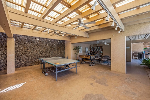 view of patio with ceiling fan and a pergola