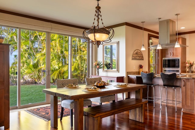 dining area with dark hardwood / wood-style floors, a wealth of natural light, and ornamental molding