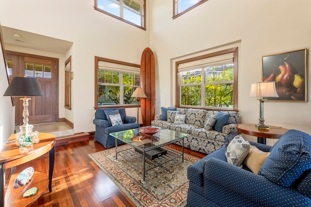 living room with wood-type flooring and a high ceiling