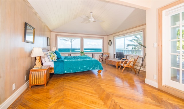 bedroom featuring lofted ceiling, parquet floors, wood ceiling, and ceiling fan