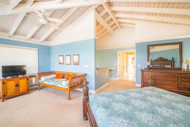 bedroom with beamed ceiling, high vaulted ceiling, light carpet, and ceiling fan