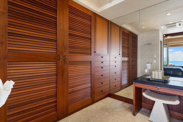 interior space featuring a water view