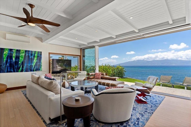 interior space featuring wood ceiling, hardwood / wood-style flooring, an AC wall unit, and beam ceiling