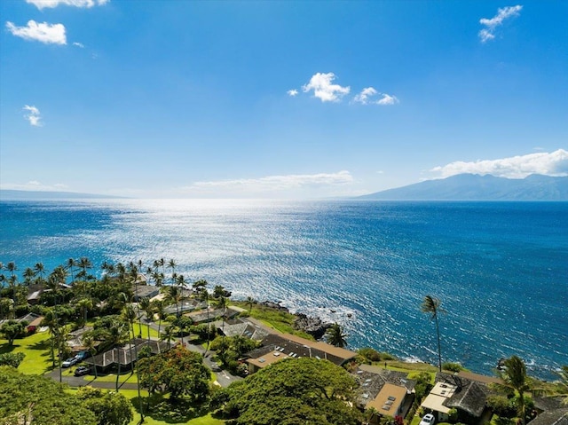 bird's eye view with a water and mountain view