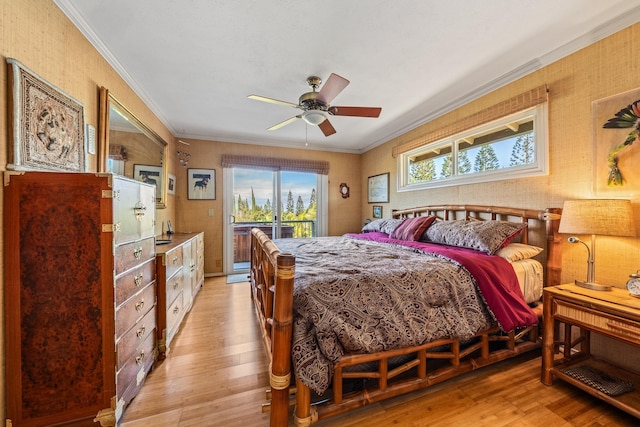 bedroom with ceiling fan, light wood-type flooring, access to exterior, and crown molding