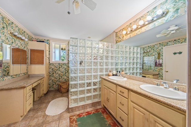 bathroom with ceiling fan, vanity, tile patterned floors, and crown molding