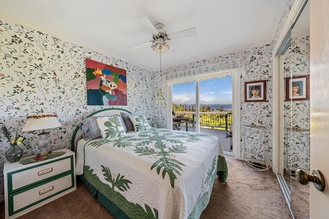 carpeted bedroom with ceiling fan, ornamental molding, and access to outside