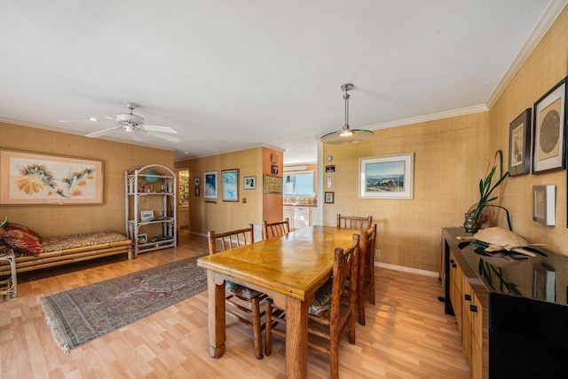 dining room featuring ceiling fan, crown molding, and light hardwood / wood-style flooring