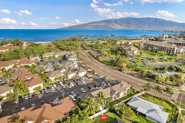 aerial view featuring a water and mountain view