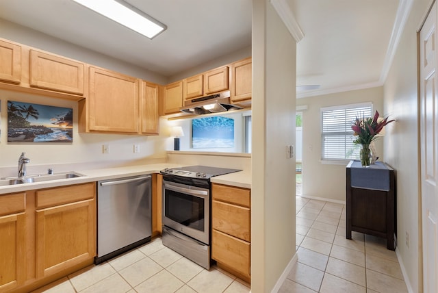 kitchen featuring ornamental molding, appliances with stainless steel finishes, sink, light tile floors, and light brown cabinets