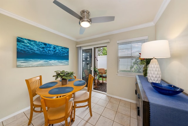 dining space with ornamental molding, light tile flooring, and ceiling fan