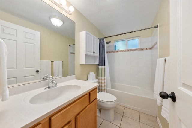 full bathroom with tile flooring, shower / tub combo with curtain, oversized vanity, and toilet