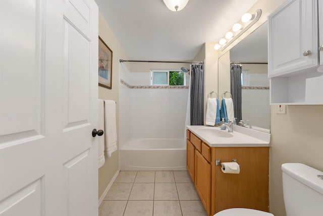 full bathroom featuring tile flooring, shower / bath combination with curtain, toilet, and large vanity