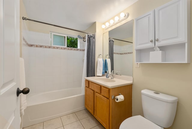 full bathroom featuring shower / bath combination with curtain, oversized vanity, toilet, and tile floors