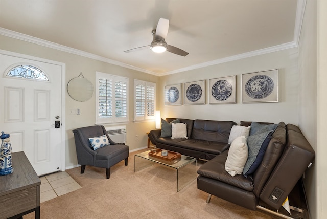 living room featuring crown molding, a wall mounted air conditioner, ceiling fan, and light colored carpet